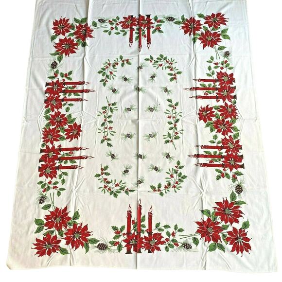 Vintage Christmas Tablecloth Printed Cotton Rectangle 1960's Red Green Brown